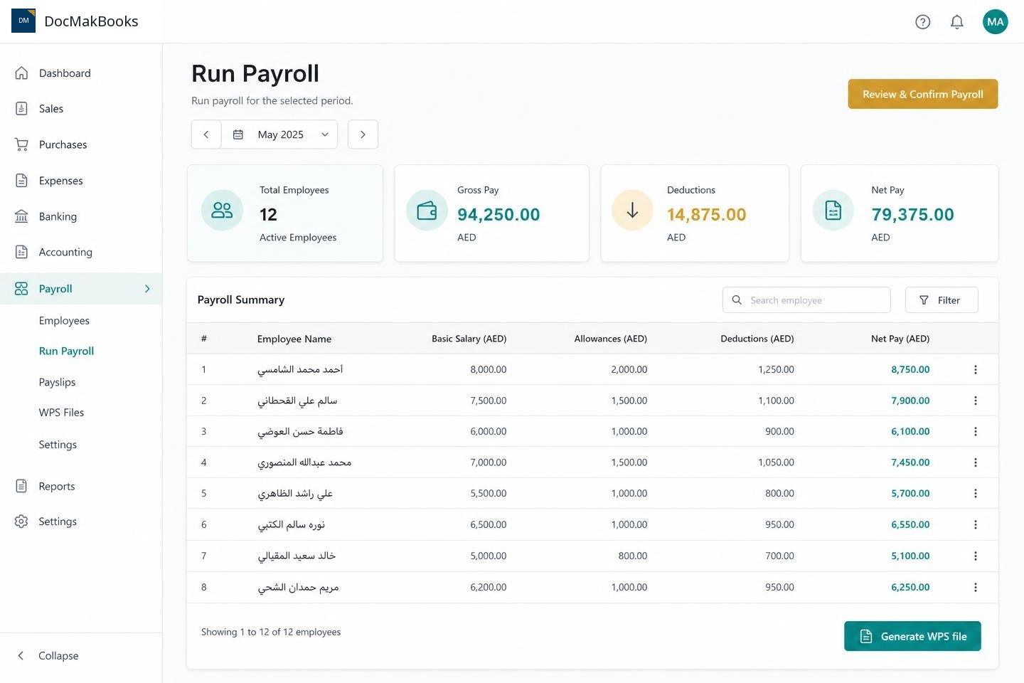 DocMakBooks payroll run screen listing employees with basic salary, allowances, deductions and net pay in AED, plus a Generate WPS file action